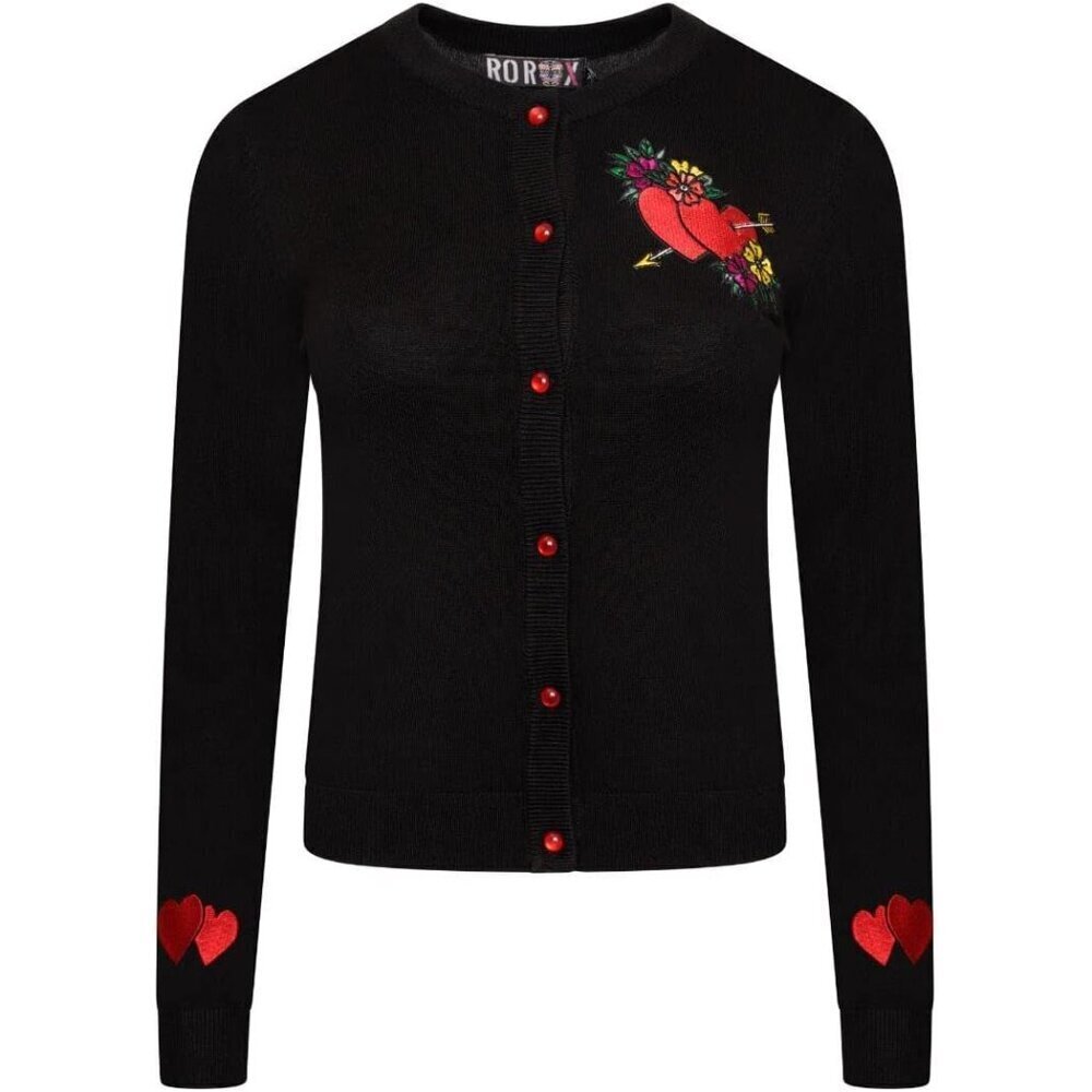Heart Embroidered Knitted Cardigan Womens Small Gothic Long Sleeve Button